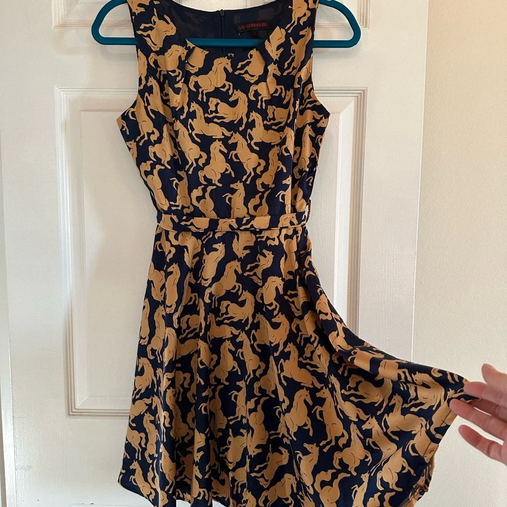 Elegant Navy and Gold Horse Print Mini Dress - Picture 2 of 5